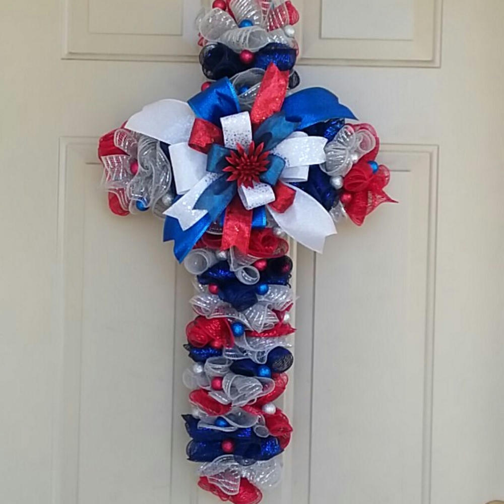 Handcrafted Memorial Day Cross door hanger/wreath